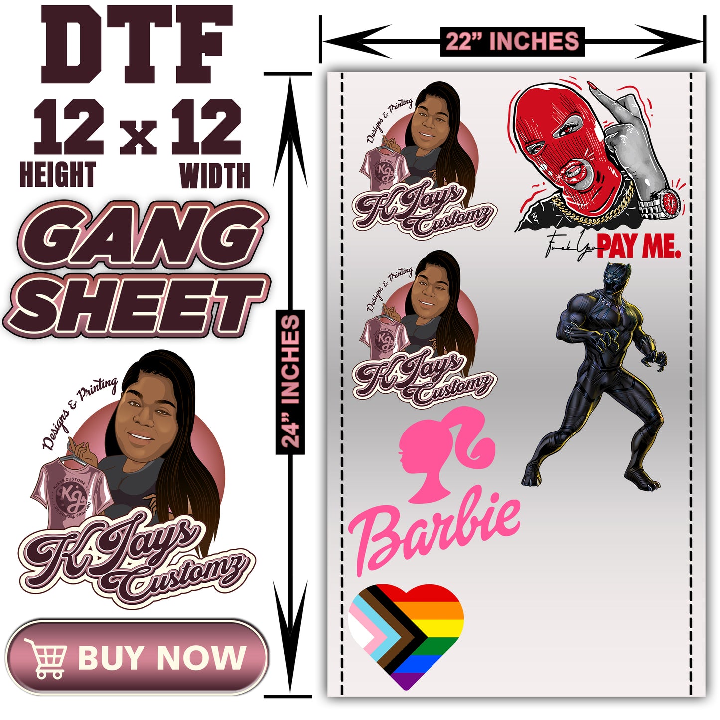 192 height x 22 wide Gang Sheet Custom DTF transfers ready to press